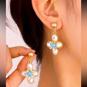 Ornate Baroque Faux Pearl Flower, Faux Turquoise, crystals Victorian Earrings